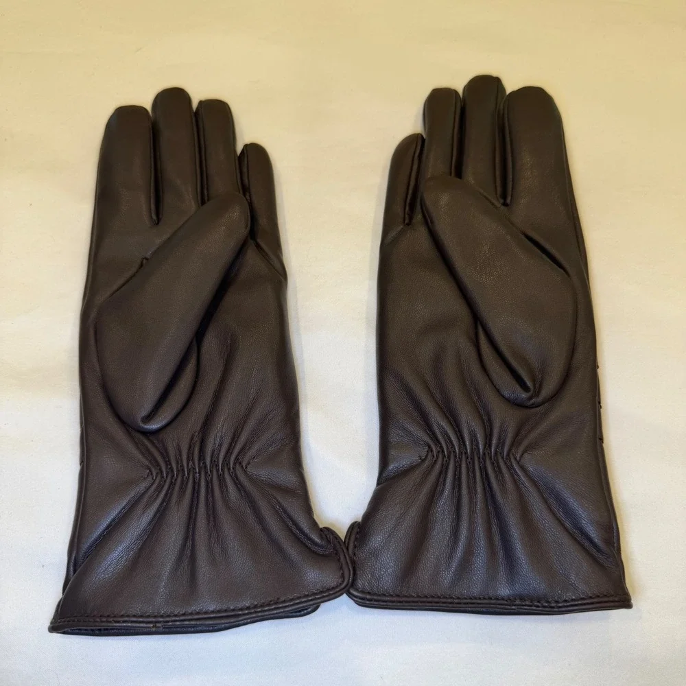 ISHI Coffee Brown Leather Gloves Women Small Button Detail Knit‎ Lined Winter